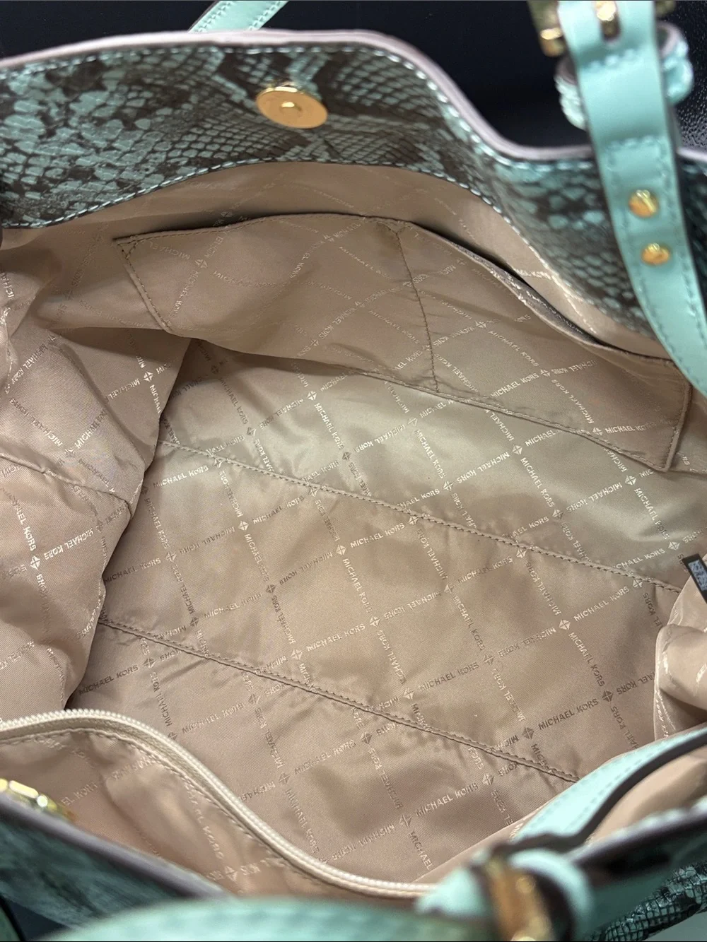 Michael Kors Mint Snake-Print Tote with Matching Wristlet and White Sneakers